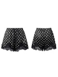 Summer Women's Dots Print Satin Shorts Elastic Waist Loose Lace Trim Hem Short Pants for Daily Casual Lounge Wear