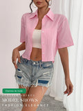 Y2K Style Pink Striped Crop Blouse for Women Short Sleeve Lapel Button-Up Women's Shirt Back Tie Top Lady Summer Casual Outfit