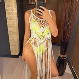 3 Colors Hollow Out Fringe Tassel Knitted Crochet Tunic Beach Cover Up Cover-ups Beach Dress Beach Wear Beachwear Female V3847