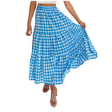 2026 Summer Vintage Checkered Maxi Skirt Women High Waisted Elastic Plaid Ruffle Long Skirts Retro Sweet Cake A  Line Skirts