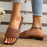 Classic Plus Size Woven Slippers for Women Summer Square Toe Low Heel Slides Sandals Woman Outdoor Pu Leather Beach Flip Flops