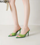 Ladies High-heeled  Beach Slippers Shoes Fashion Pointed Sexy Candy Color Patent Leather Open Toes Sandals Big Size 35-43 New