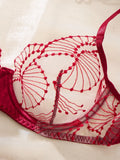 Valentine's Day romantic wine-red embroidered lingerie set - sexy see-through mesh gathered bra set of two pieces ZA825287