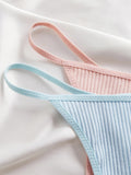 10PCS Women's Ribbed Cotton Thong Panties Low Waist Solid Color G-String Soft Breathable Underwear in Multi Colors