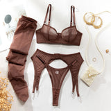 Toucheart Erotic Lingerie Comfortable Mesh Sexy Body Shaping Ultra-thin See-through Sexy Underwear Four-piece Set with Stockings