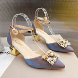 ZOKI Fashion Pearl Buckle Square Heels Pumps Women Pointed Toe Bling Crystal Party Shoes Woman Elegant Med Heels Bride Shoes