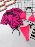 Zebra Print Mesh Short Sleeve Halter Mini Micro Bikini Female Swimsuit Women Swimwear Three-pieces Bikini set Bathing Suit Swim