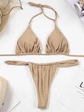 Wrinkled High Cut Mini Micro Thong Bikini Women Swimwear Female Swimsuit Two-pieces Bikini Set Halter Bather Bathing Suit Swim
