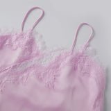 Women Solid Color Lace Trim Satin Camisole V Neck Spaghetti Strap Backless Asymmetrical Tops Trendy Summer Streetwear