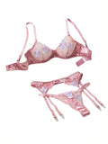 French Romantic Pink Satin Embroidered Lingerie Set Bra + Thong + Stockings Three-Piece Set