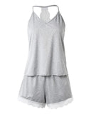 Summer Lace Crochet 2 Pieces Pajamas Set for Women Sleepwear Sleeveless V-Neck Crop Tops and Shorts Sets Casual Loungewear