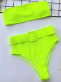 Neon Green Bandeau Swimsuit High Waist Bikini 2025 Women Swimwear Female Two pieces Bikini set Buckle Waistband bathing suit