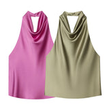 Women's Fashionable Sleeveless Halter Neck Top With Silk Satin Cowl Backless Sleeveless Blouse For Women Elegant Summer Top 3QM8
