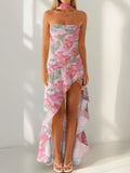 Women Summer Casual Tube Dress Fashion Solid Color/Floral Print High Low Ruffles Long Dresses with Scarf