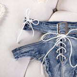 Sexy Hollow Out Women Denim Shorts Hole Bandage Night Club Pole Dance Hot Jeans Lace-Up Shorts Charming Elegant Beautiful 45ZK