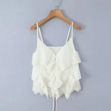 Women's Ruffled Lace Trim Loose Pants For Woman White Ruffled Embroidery Camisole Straps Button Front For Sweet Summer Look WM6E
