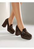 Square Toe Platform Double-Layer Buckle Shallow Sleeve Office Pumps Ultra-High Thick Heel Breathable High Heels