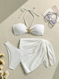 3PCS With Sarong Metal Star Halter Bikini Female Swimsuit Women Swimwear Three-Pieces Bikini Set Bather Bathing Suit Swim V7042
