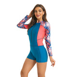 Long Sleeve Patchwork One Piece Swimsuit Training Swim Suits Beach Wear 2026 Blue Boyleg Swimwear Print Zipper Front Surf Suit