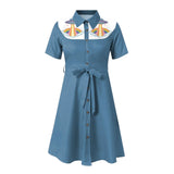 Western Cowgirl Printed Dress Halloween Cosplay Costume Summer Cowboy Button-Down Dress Short Sleeves 100% Cotton Sexy Dress