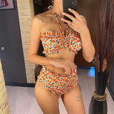 Flowers Printed Bandeau Female Swimsuit High Waist Bikini Women Swimwear Two-pieces Bikini set Bather Bathing Suit Swim V6613