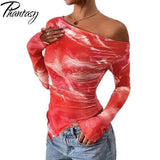 Women's Off-Shoulder Ruffled Sleeve Long-Sleeve Top with Asymmetrical Tie-Dye Mesh Asymmetrical Pleated Floral Print T-Shirt
