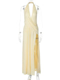 FDYOUI 2026 Summer Deep V-neck Hollow Out Long Maxi Evening Dress Women Chic Backless High Slit Ruched Solid Party Club Dresses