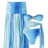 Vintage Blue Gradient Swimwear Pleate Long Skirt Bikini Set 2026 Women Bandeau Metal Starfish Bathing Suit One Piece Swimsuit