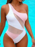 S - XXL New Splicing One Shoulder See Through Mesh Sheer One Piece Swimsuit Women Swimwear Female Bather Bathing Suit Swim K7475