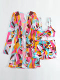 New Sexy 3 Pieces Suit for Women Neck Hanging Bikini Set+Cover-up Swimwear Sunproof Tankini High Waist Shorts Swimsuit Beachwear