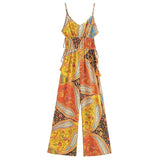 Paisley Print Bohemian Wide Leg Long Pants Jumpsuit Women Summer New Overalls Spaghetti Strap Loose Casual Boho Jumpsuit Tassel