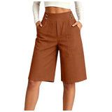 Women's High Waist Cotton Linen Bermuda Shorts Double Breasted Wide Leg Casual Shorts With Pockets Loose Fit Office Summer Short