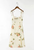 Spaghetti Strap Lace Up Beige Chiffon Summer Dress Sexy Slip Midi Sleeveless Dress Robe Big Flower Print Women Beach Dress Boho