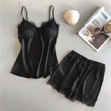 Women Summer Sleepwear Sexy Lace Satin Pajama Sets Lingerie Nightwear Sleeveless Tops+Shorts 2 Pcs Sets Loungewear