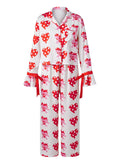 Women 2025 Heart Print Pajama Set Long Sleeve Button-up Tops and Pants 2 Piece Valentines Day Sleepwear Outfit