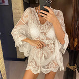 2026 New Sexy Lace See Through Long Sleeve Tunic Beach Cover Up Cover-ups Beach Dress Beach Wear Beachwear Female Women V4528