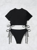 2026 New 2 Piece Swimsuit for Women Solid Color Sexy Drawstring Short Sleeve Bikini Set Beach Vacation Bathing Suit Swimwear