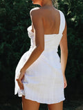 Foridol One Shoulder White Cotton Ruched Short Summer Dress Bowknot Beach Sundress Women Sleeveless Solid Dress