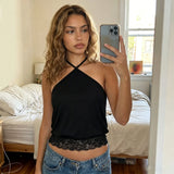 2026 Summer Women's Backless Lace Hem Tank Tops Slim Fit Halter Vest Daily Fashion Going Out Sleeveless Shirts