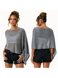 Womens Shawl Tops Lightweight Stylish Solid Color Irregular Hem Boat Neck Loose Fit Sheer Poncho Blouse Summer Knit Cover-ups