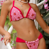 2026 Summer Women's Micro Bikini Set Floral Print Push Up Thong Bathing Suit Beachwear Sexy Halter Lace-up Swimsuit Holiday Look
