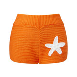 Women Slim Fit Stylish Decorative Starfish Ribbed Elastic Mid Rise Shorts Spring/Summer Holiday Beach Casual Knit Shorts