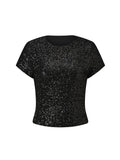Women's Summer Solid Color Basic T Shirts Stylish Sequin Short Sleeve Round Neck Crop Tops for Casual Daily Wear