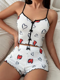 Women Pajama Set Heart Print Ribbed Sleepwear Cute Cami Top and Shorts Loungewear Summer Homewear Nightwear