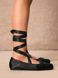 Balletcore Style Satin Lace-Up Flats for Women Black Ballerina Bow Detail Square Toe Ankle Wrap Ribbon Ballet Coquette Shoes