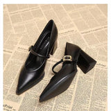 Single Shoes Fashion Pointed Toe Not Tired Feet One Word Belt Soft Sole Non-slip Block Heel Leather Shoes