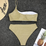 Sexy Shiny Sparkling One Shoulder Bikini Female Swimsuit Women Swimwear Two-pieces Bikini Set High Waist Bathing Suit Swim Lady