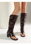 Plus Size Women Open Toe Thong Knee High Boots Metal Buckle Ruched Mid Block Heel Tall Sandal Boots Fashion Streetwear Long Boot