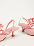 2025 Large Size 43 Summer Women's Pointy Toe Kitten Heels Slingback Pumps Elegant Satin Sandal Rose Flower Office Lady Shoes
