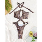 Sexy Tummy Cut Out Leopard Snakeskin Women Swimwear One Piece Swimsuit Female Halter High Cut Leg Bather Bathing Suit Swim V7972